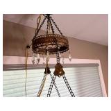 Antique Hanging Lamp with Floral Shade and Crystal Like Pendants