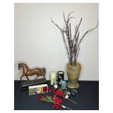Decorative Home Decor Lot with Bronze Horse Statue, Vases, and Candles