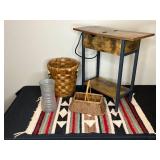 Rustic Wood and Metal Side Table with Wicker Basket and Frosted Vase