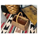 Rustic Wood and Metal Side Table with Wicker Basket and Frosted Vase