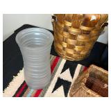 Rustic Wood and Metal Side Table with Wicker Basket and Frosted Vase