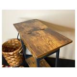 Rustic Wood and Metal Side Table with Wicker Basket and Frosted Vase