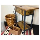 Rustic Wood and Metal Side Table with Wicker Basket and Frosted Vase