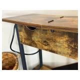 Rustic Wood and Metal Side Table with Wicker Basket and Frosted Vase