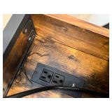 Rustic Wood and Metal Side Table with Wicker Basket and Frosted Vase