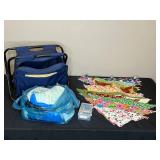 Lot of Craft Supplies Including Yarn, Quilting Fabrics, and Portable Organizer