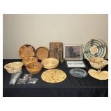 Lot of Assorted Woven Baskets, Framed Art, and Decorative Items