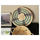 Lot of Assorted Woven Baskets, Framed Art, and Decorative Items