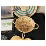 Lot of Assorted Woven Baskets, Framed Art, and Decorative Items