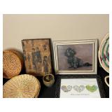 Lot of Assorted Woven Baskets, Framed Art, and Decorative Items