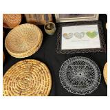 Lot of Assorted Woven Baskets, Framed Art, and Decorative Items