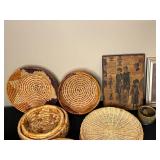 Lot of Assorted Woven Baskets, Framed Art, and Decorative Items