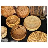 Lot of Assorted Woven Baskets, Framed Art, and Decorative Items