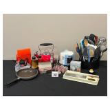 Assorted Kitchen Items Lot with Utensils, Teapot, and Pan