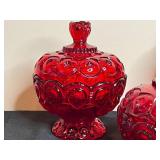 Set of 3 Vintage Red Glass Covered Jars/Candy Dishes