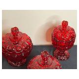 Set of 3 Vintage Red Glass Covered Jars/Candy Dishes