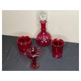 Vintage Ruby Red Pressed Glass Lot - Decanter, Vase, Compote, Candle Holder