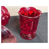 Vintage Ruby Red Pressed Glass Lot - Decanter, Vase, Compote, Candle Holder