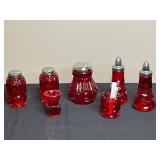 Lot of Red Glass Salt and Pepper Shakers and Accessories