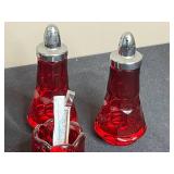 Lot of Red Glass Salt and Pepper Shakers and Accessories