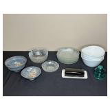 Collection of Various Glass and Ceramic Bowls with Vintage Insulator and Butter Dish