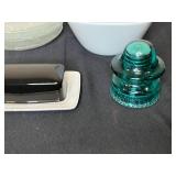 Collection of Various Glass and Ceramic Bowls with Vintage Insulator and Butter Dish
