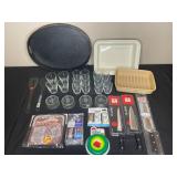 Lot of Various Kitchen Items Including Henckels Knives, Glassware, and Baking Trays