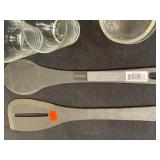 Lot of Various Kitchen Items Including Henckels Knives, Glassware, and Baking Trays