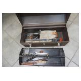 Metal tool box, leather belt and tools