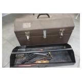 Metal tool box, leather belt and tools