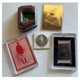 Various Baseball Memorabilia - Ebbets Field, Bob Feller Coin, Satchel Paige Gold Card, Babe Ruth, Ty Cobb
