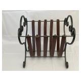 Metal and Leather Magazine Rack. 15 Inches Long by 14 Inches Wide by 16 Inches High.