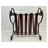 Metal and Leather Magazine Rack. 15 Inches Long by 14 Inches Wide by 16 Inches High.