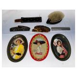 Antique Combs, Hairbrushes, and Coca-Cola Decorative Platters.