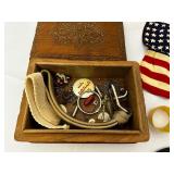 Carved Wooden Box with Trinkets Inside.
