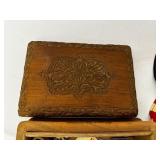 Carved Wooden Box with Trinkets Inside.