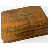 Carved Wooden Box with Trinkets Inside.