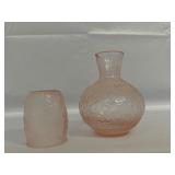 Gorgeous Vintage Depression Pink Glass Tumble Up, Bedside Carafe, and Cup Measuring 8 Inches Tall.