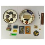 Tin Full of Various Rocks, Heart Necklace, Matchboxes, and Other Trinkets.