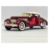 Four Model Cars and Wooden Train. Mercedes-Benz 300SL, Volvo PV 544, 1934 Duesenberg, 1937 Cord 812.
