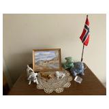 Porcelain Bulldogs and Cows, Toy Car, Norwegian Flag, and Countryside Print.
