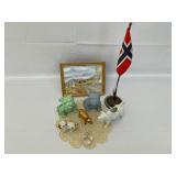 Porcelain Bulldogs and Cows, Toy Car, Norwegian Flag, and Countryside Print.