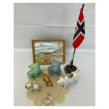 Porcelain Bulldogs and Cows, Toy Car, Norwegian Flag, and Countryside Print.
