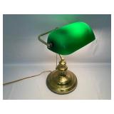 Brass Desk Lamps with Green Glass Shade.