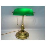 Brass Desk Lamps with Green Glass Shade.