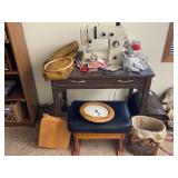 Montgomery Ward Sewing Machine and Table with All Sewing Supplies as Seen in Pictures. Also Bench Included.