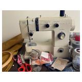 Montgomery Ward Sewing Machine and Table with All Sewing Supplies as Seen in Pictures. Also Bench Included.