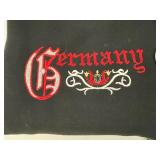 Authentic Leather Gray Lederhosen with Forest Green Trim, Germany Sweatshirt and Embroidered Suspenders
