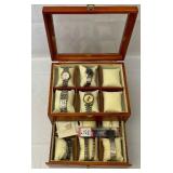 Wooden Box of Mens Watches and Bracelets.