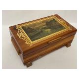 Carved Wooden Box with Mountain Painting on Top and Contents.